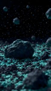 Vertical 3D digital art of a dark floating asteroid with glowing cyan and teal rocky terrain, floating space debris, set against a deep dark space starry night background, sci-fi AMOLED 4K wallpaper.