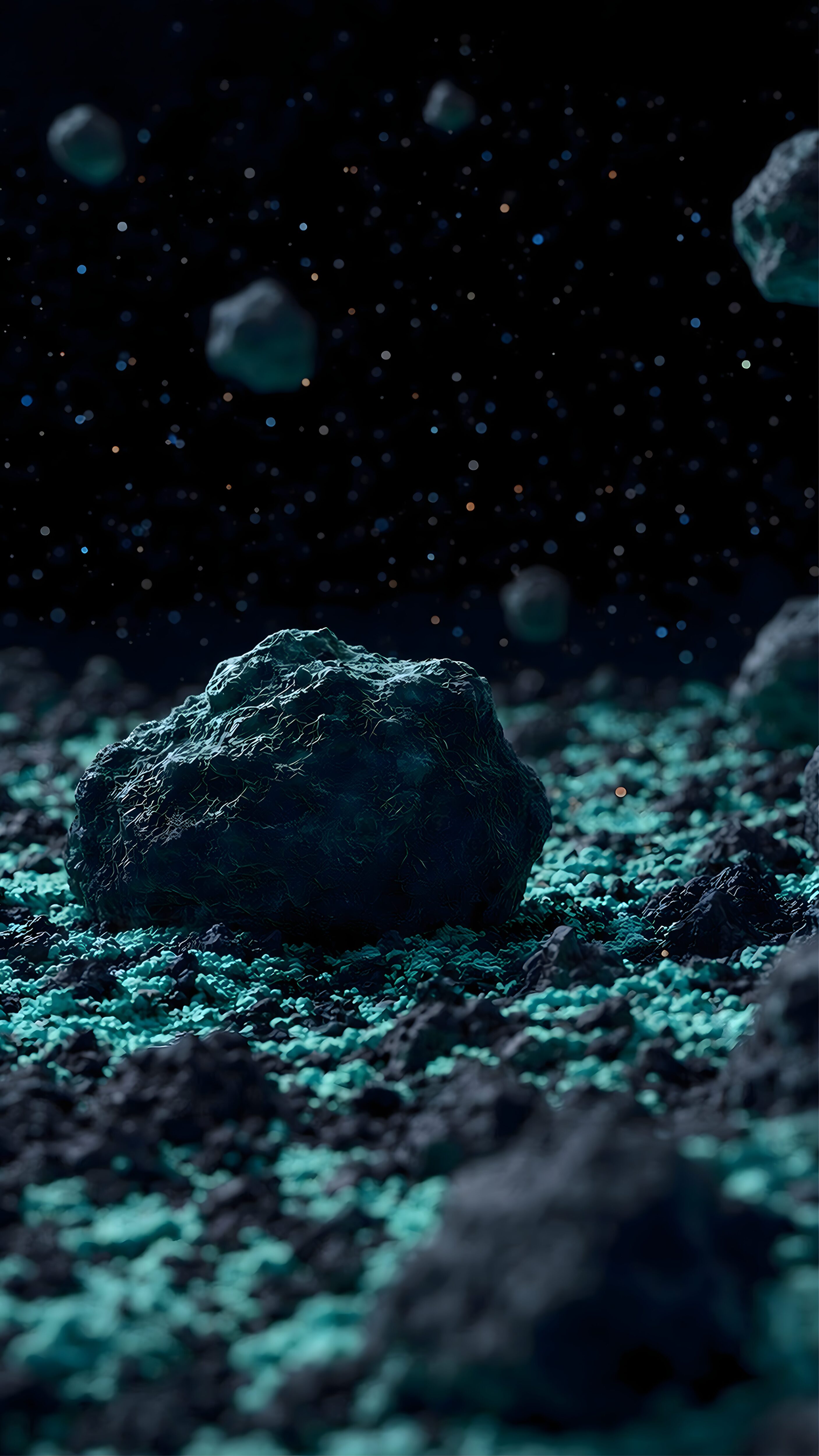 Sci-Fi Asteroid Wallpaper 4K: Glowing Cyan Space Rocks
