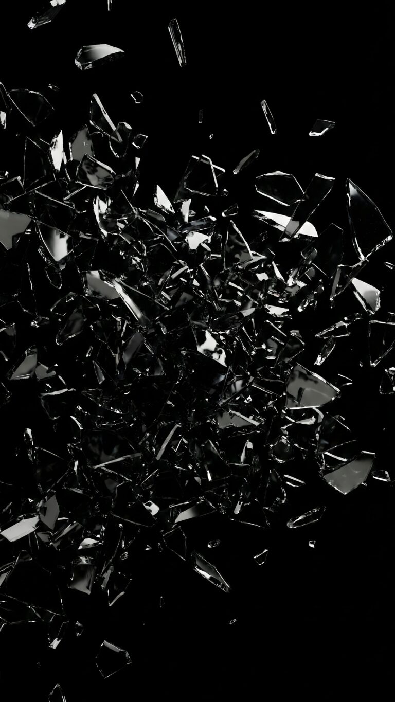 Highly detailed 3D digital render of shattered black obsidian crystal glass shards flying exploding against a pure pitch black background dark aesthetic 4K ultra HD mobile wallpaper