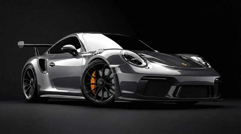 Highly detailed digital render of a sleek silver Porsche 911 GT3 RS supercar in a dark minimalist studio setting with sharp reflections aesthetic 4K ultra HD PC desktop wallpaper