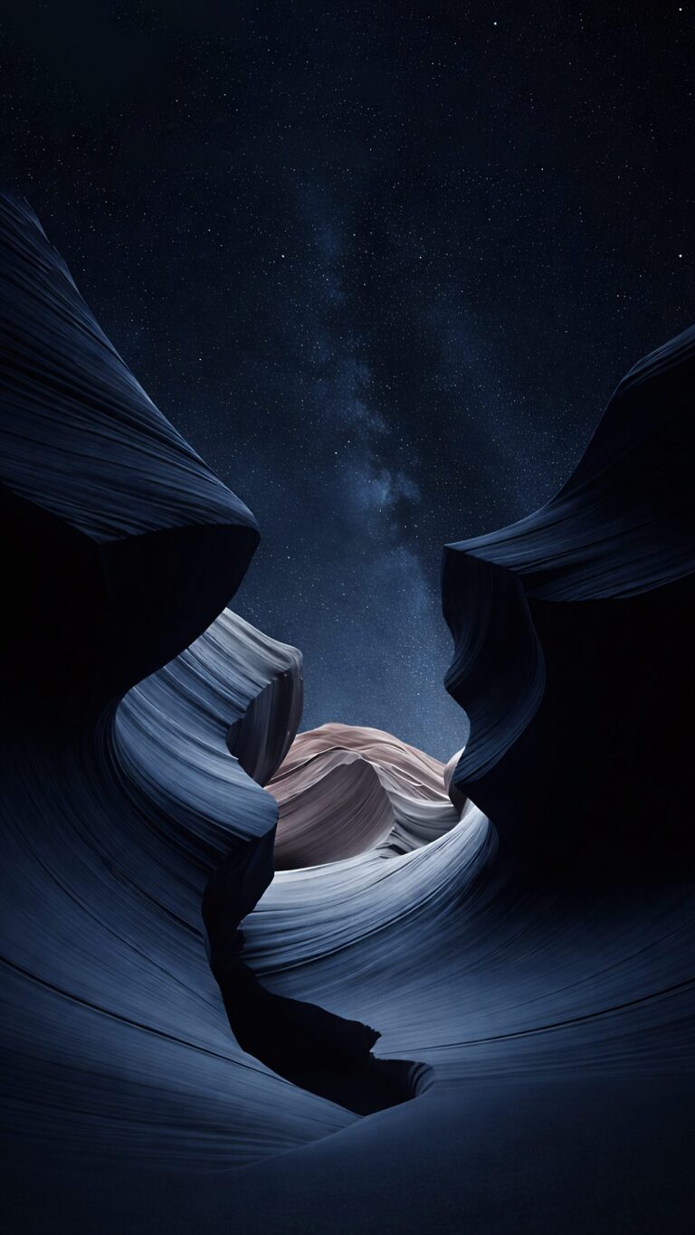 Highly detailed digital render of a dark slot canyon at night with smooth wavy rock formations and a starry night sky visible through the opening dark blue aesthetic 4K ultra HD mobile wallpaper