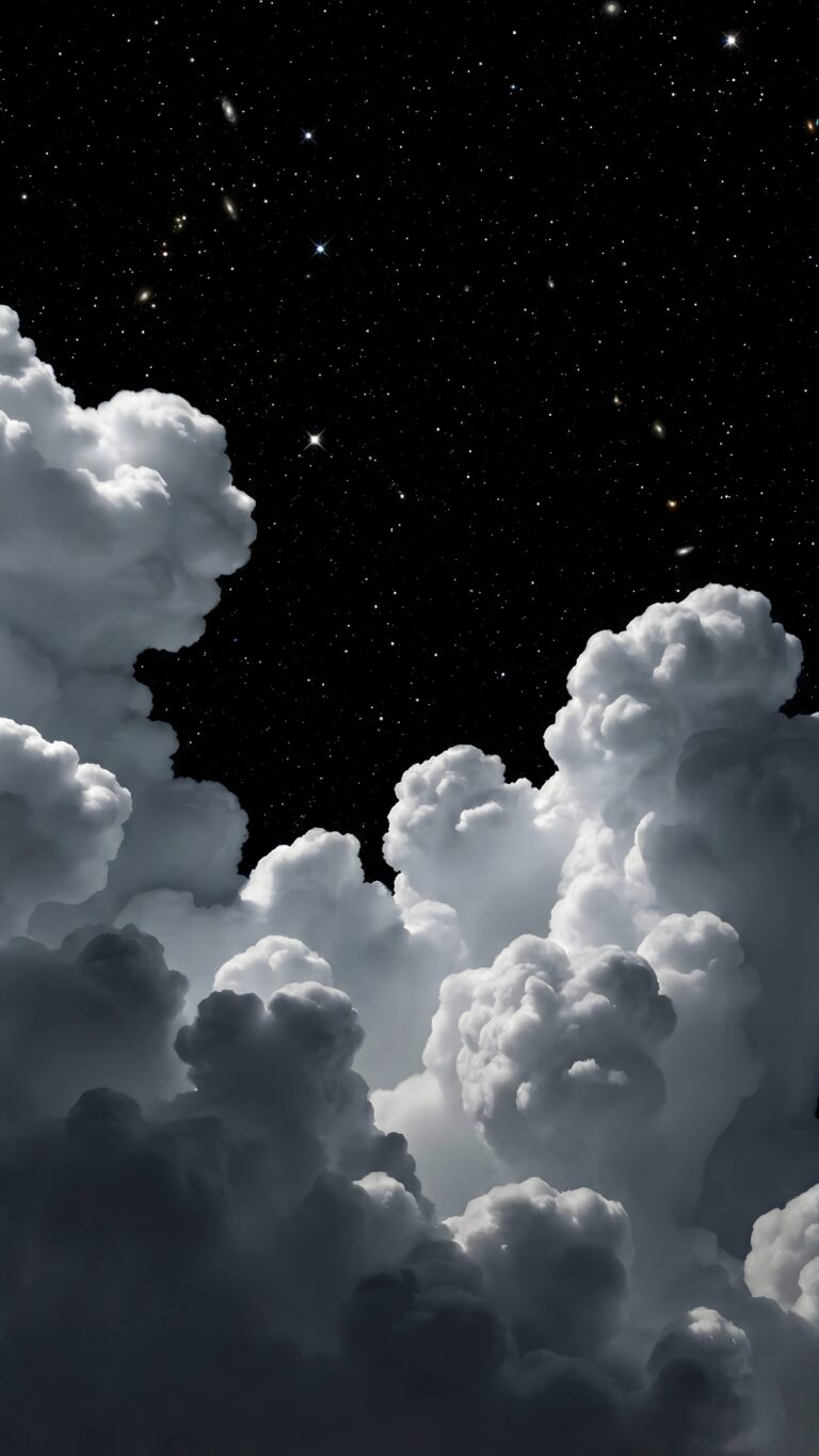 Highly detailed digital render of surreal fluffy white clouds framing a deep pure pitch black starry night sky minimalist dark aesthetic 4K ultra HD mobile wallpaper