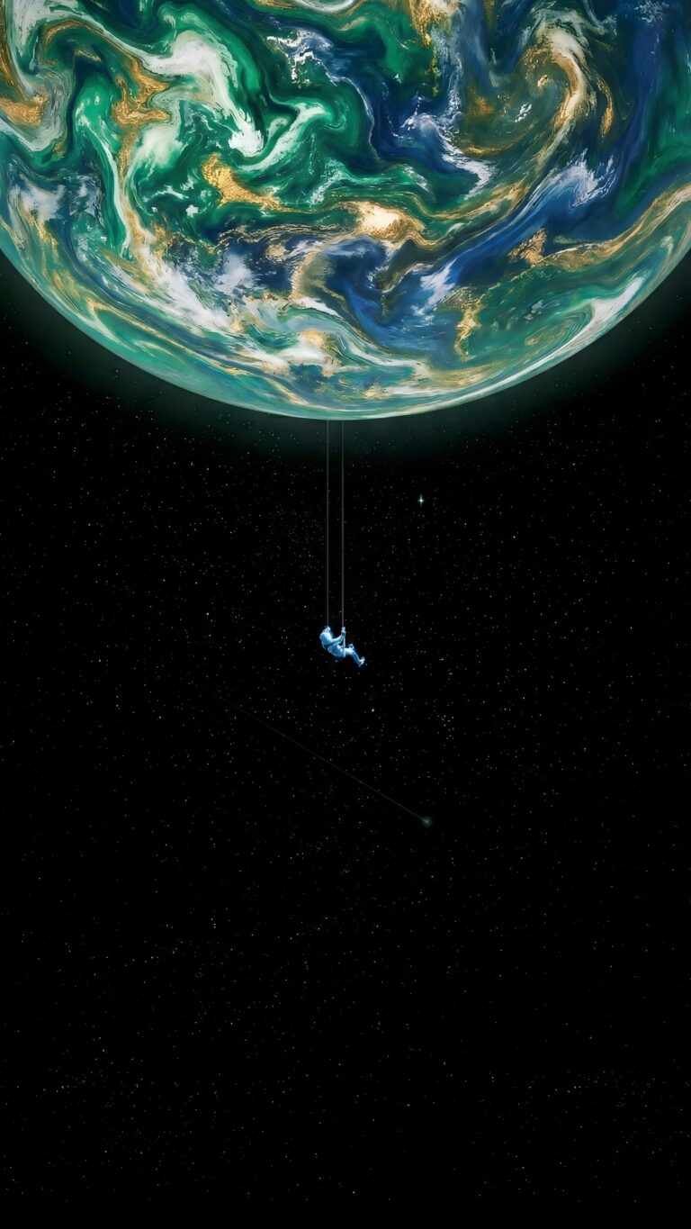 Highly detailed surreal digital render of a tiny astronaut swinging from a giant vibrant planet into infinite pitch black space aesthetic 4K ultra HD mobile wallpaper