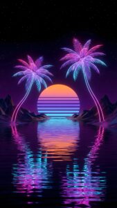 Vertical synthwave art wallpaper featuring two neon pink and blue palm trees, a large retro orange sun setting over reflective water, low poly mountains, and a starry night sky, 80s vaporwave aesthetic in 4K