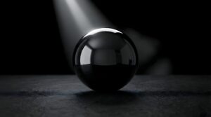 3D render of a highly polished chrome sphere sitting on a rough dark surface, illuminated by a single diagonal spotlight beam, high contrast black and white aesthetic, reflection of the room visible on the ball, 4K minimalist wallpaper