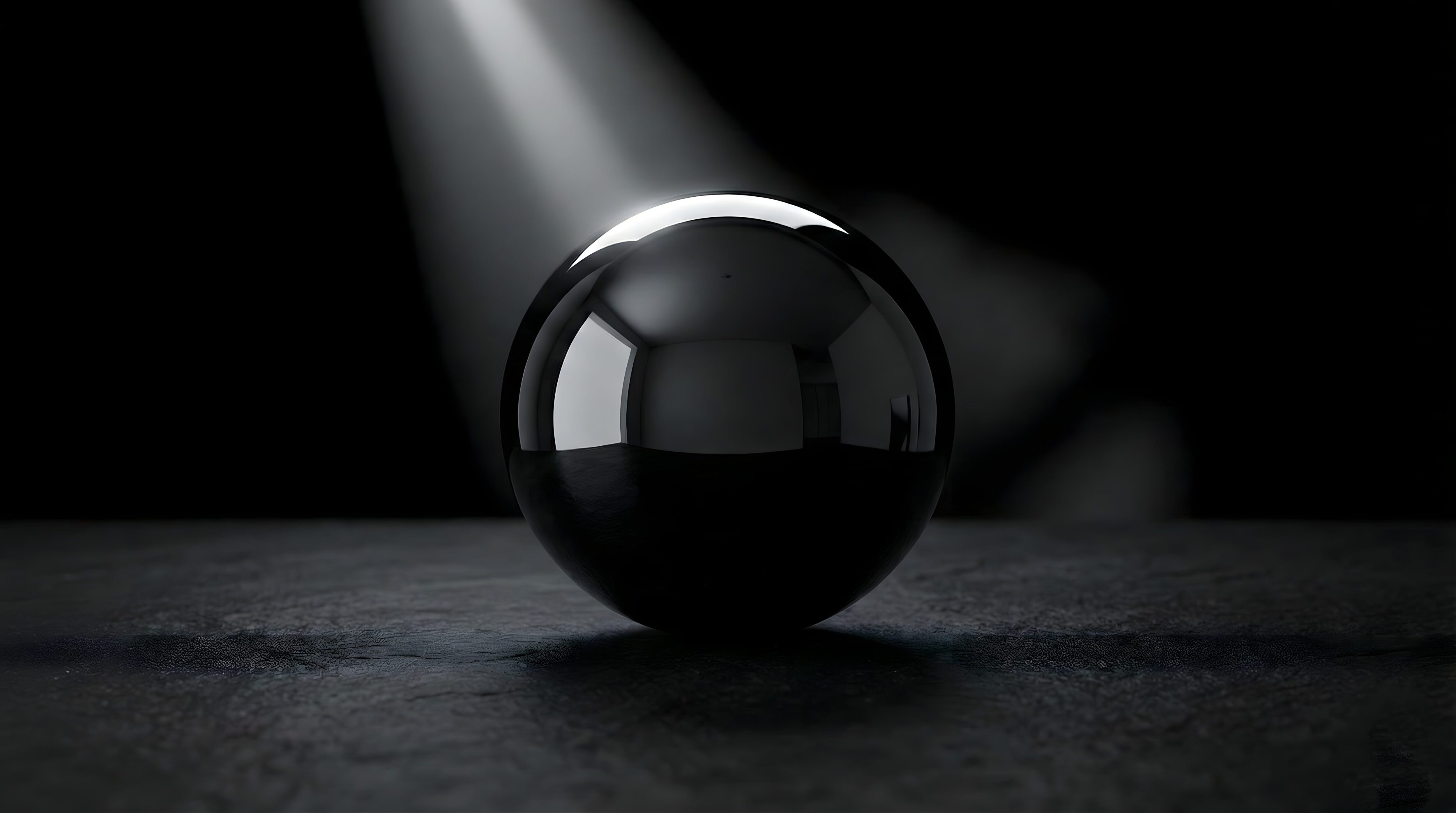 3D render of a highly polished chrome sphere sitting on a rough dark surface, illuminated by a single diagonal spotlight beam, high contrast black and white aesthetic, reflection of the room visible on the ball, 4K minimalist wallpaper