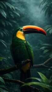 Highly detailed digital render of a vibrant toucan bird with a bright orange beak perched on a branch in a deep dark green tropical jungle aesthetic 4K ultra HD mobile wallpaper