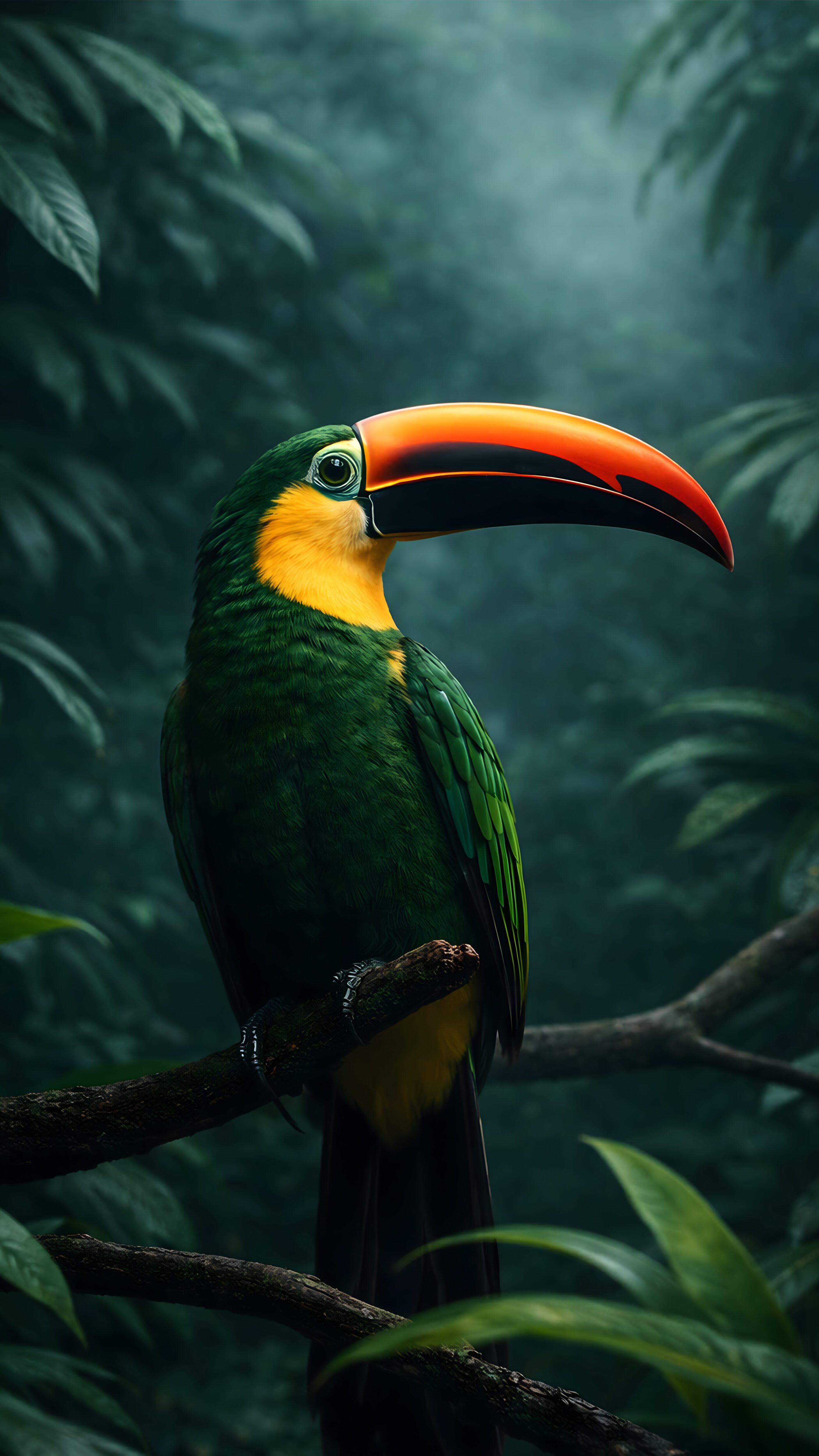 Highly detailed digital render of a vibrant toucan bird with a bright orange beak perched on a branch in a deep dark green tropical jungle aesthetic 4K ultra HD mobile wallpaper