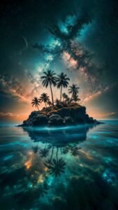 Vertical fantasy nature wallpaper featuring a small rocky island with palm trees in the ocean, reflecting a vibrant Milky Way galaxy sky with teal and orange nebula colors, crescent moon, and calm water, 4K dreamy aesthetic