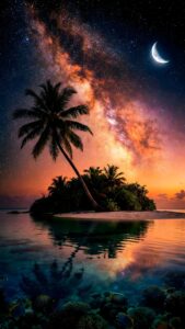 Vertical night landscape photography of a small tropical island with palm trees, vast starry sky with bright orange Milky Way galaxy and crescent moon, clear water showing underwater coral reef and fish, dreamy paradise aesthetic 4K wallpaper