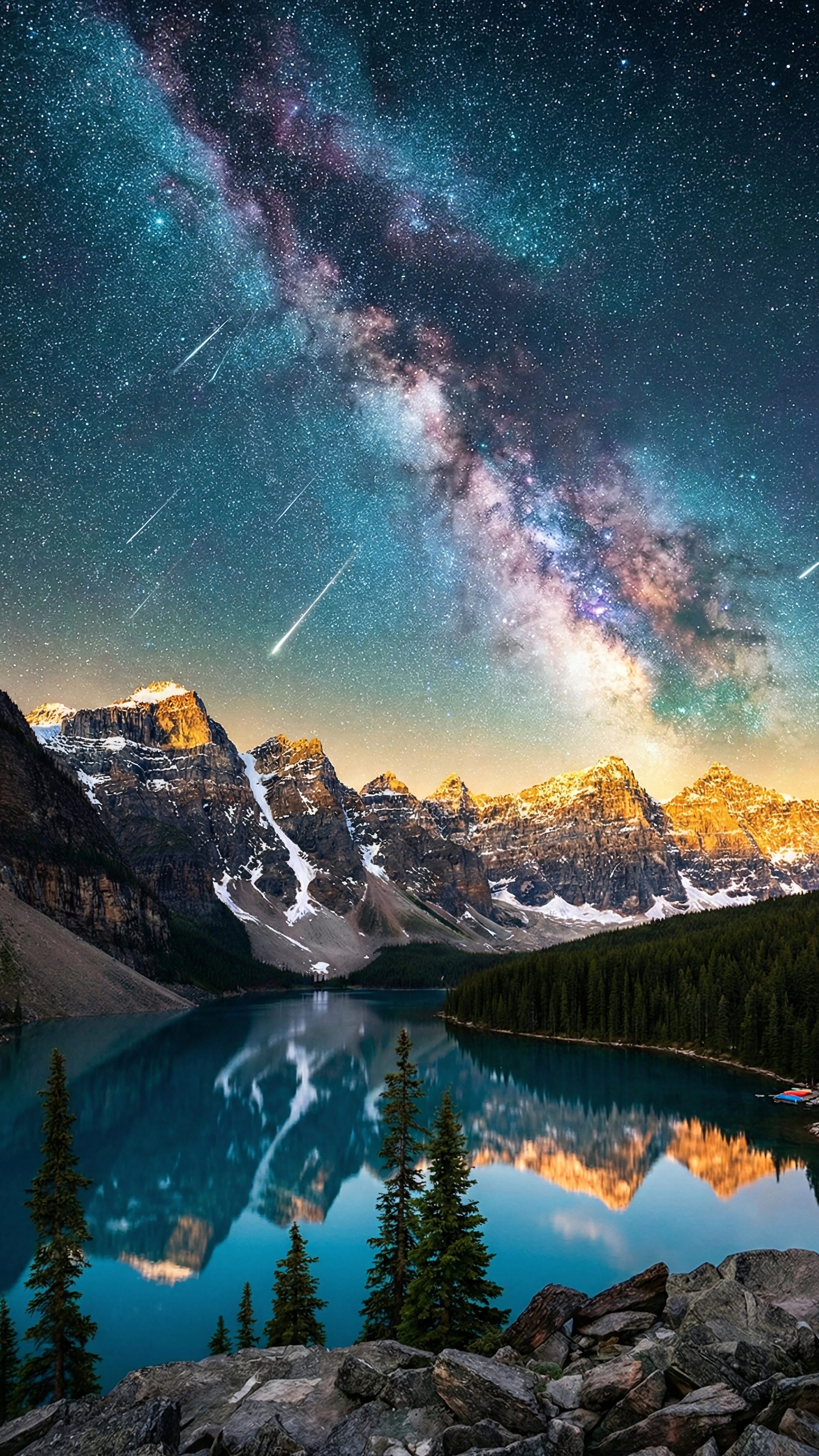 Vertical night landscape photography of Moraine Lake in Banff Canada, turquoise water reflecting the snowy Ten Peaks and the vibrant Milky Way galaxy, shooting stars streaking across the sky, pine trees in foreground, 4K resolution