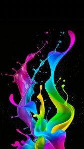 Vertical abstract wallpaper featuring a dynamic, high-speed splash of vibrant liquid paint in neon pink, cyan blue, and bright yellow colors against a solid pitch-black background, fluid art style in 8K resolution.