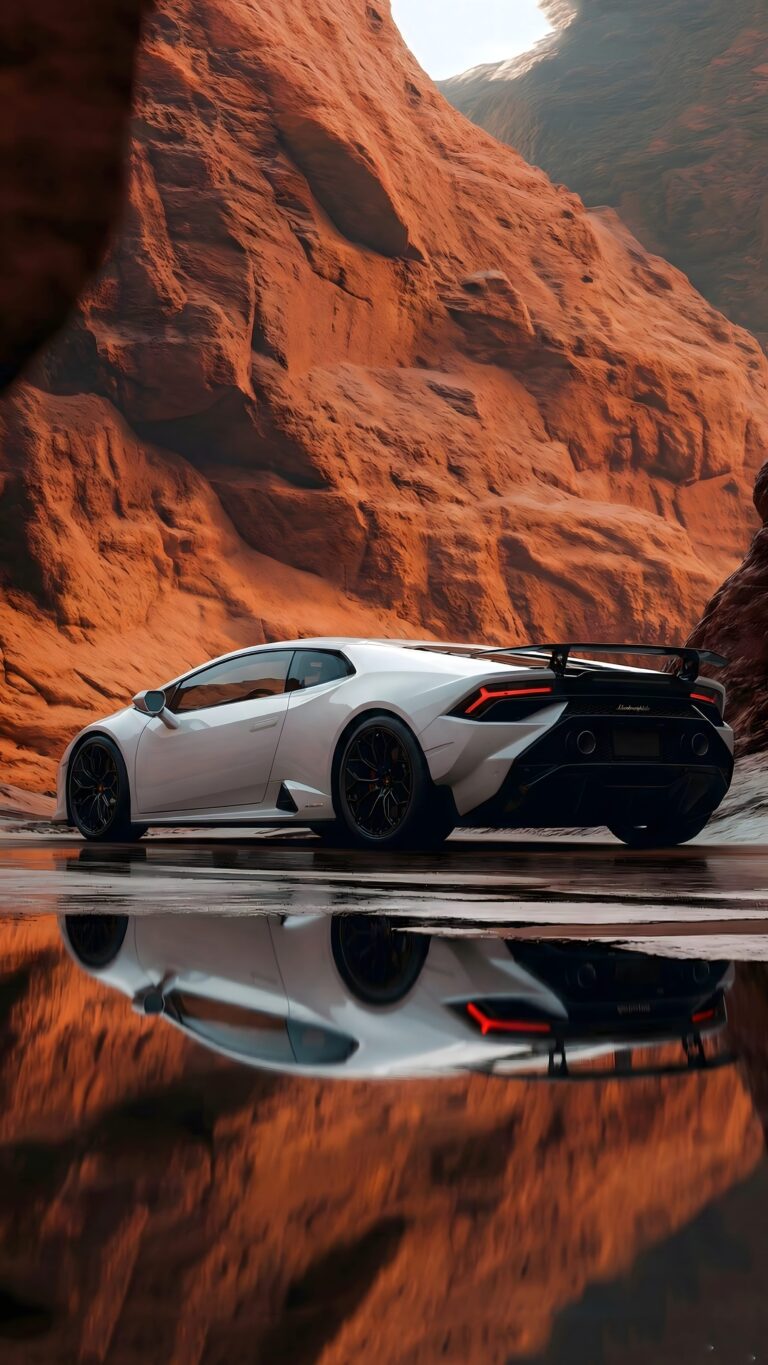 Highly detailed digital render of a sleek white Lamborghini Huracan sports car parked in a red rock desert canyon with a perfect water reflection aesthetic 4K ultra HD mobile wallpaper