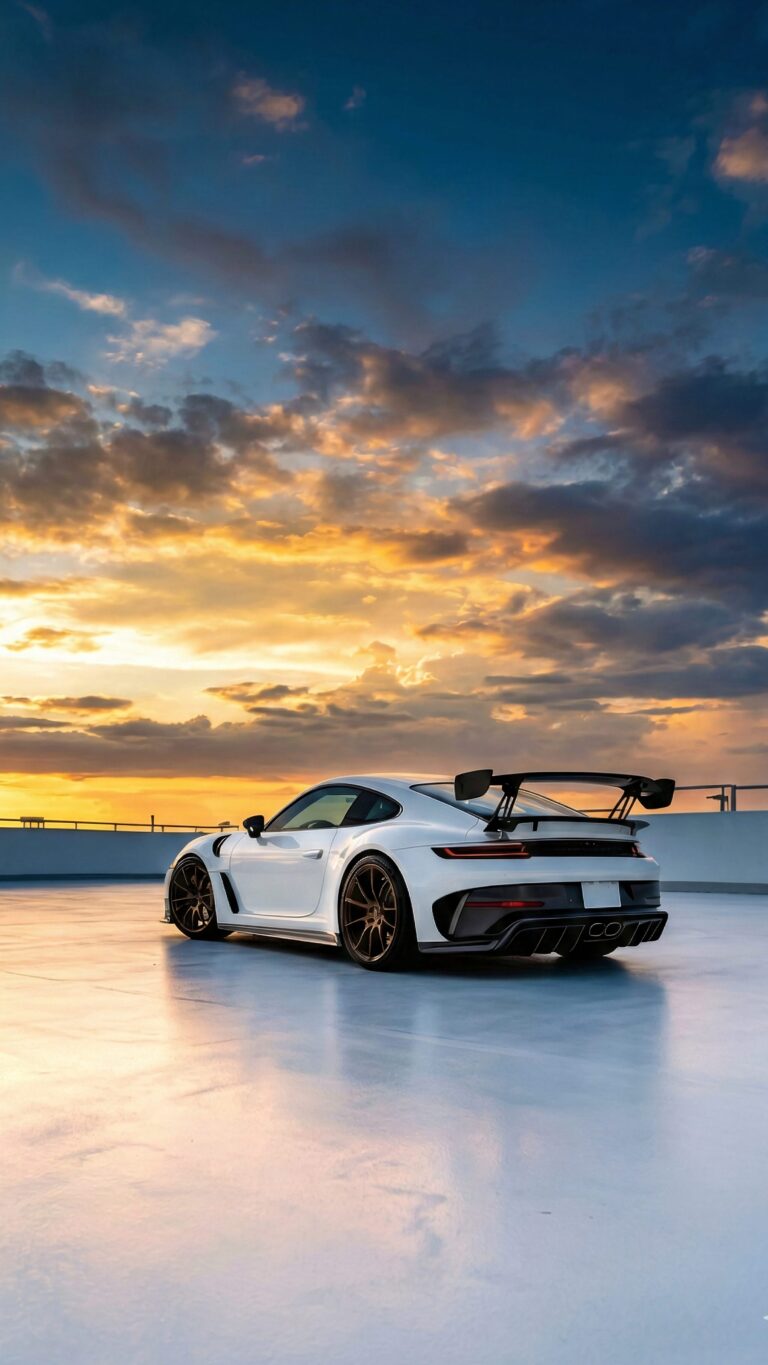 Highly detailed digital render of a sleek white Porsche 911 GT3 RS supercar parked on a reflective surface during a beautiful golden hour sunset with cloudy sky aesthetic 4K ultra HD mobile wallpaper