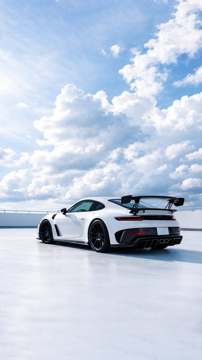Highly detailed digital render of a sleek white Porsche 911 GT3 RS sports car under a bright blue sky with white clouds aesthetic 4K ultra HD mobile wallpaper
