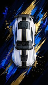 Vertical aerial top-down digital art of a customized white sports car with black racing stripes, surrounded by dynamic blue and gold paint brush strokes on a pitch-black background, 4K abstract automotive wallpaper.
