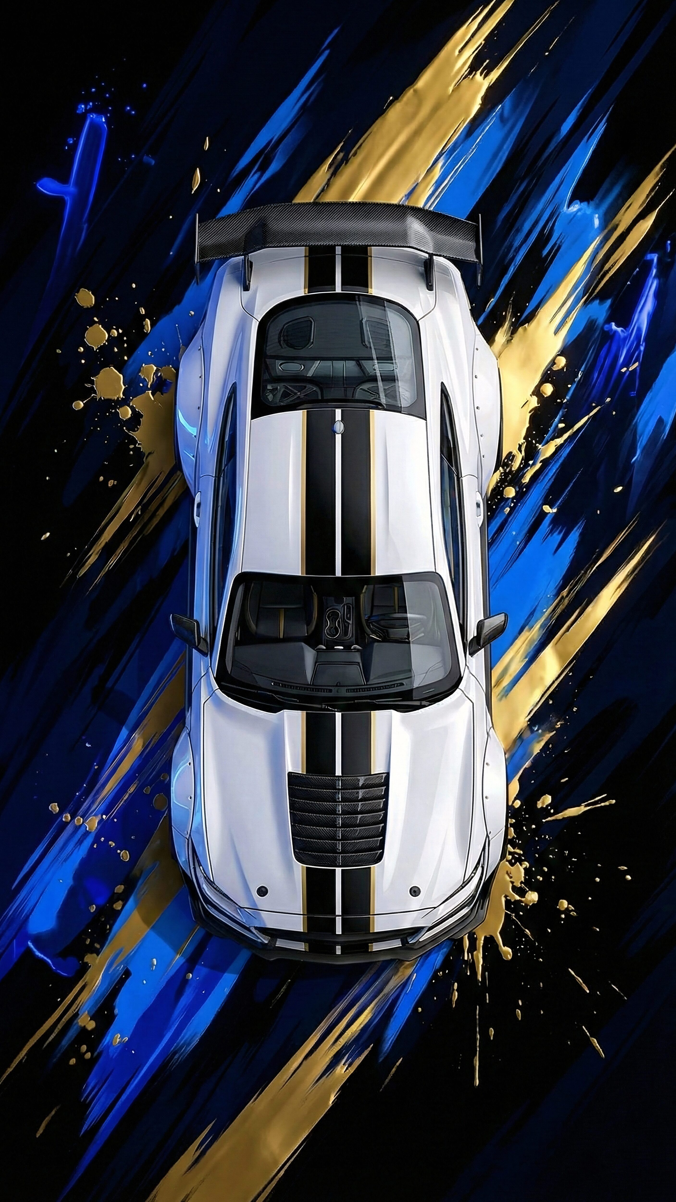 Vertical aerial top-down digital art of a customized white sports car with black racing stripes, surrounded by dynamic blue and gold paint brush strokes on a pitch-black background, 4K abstract automotive wallpaper.