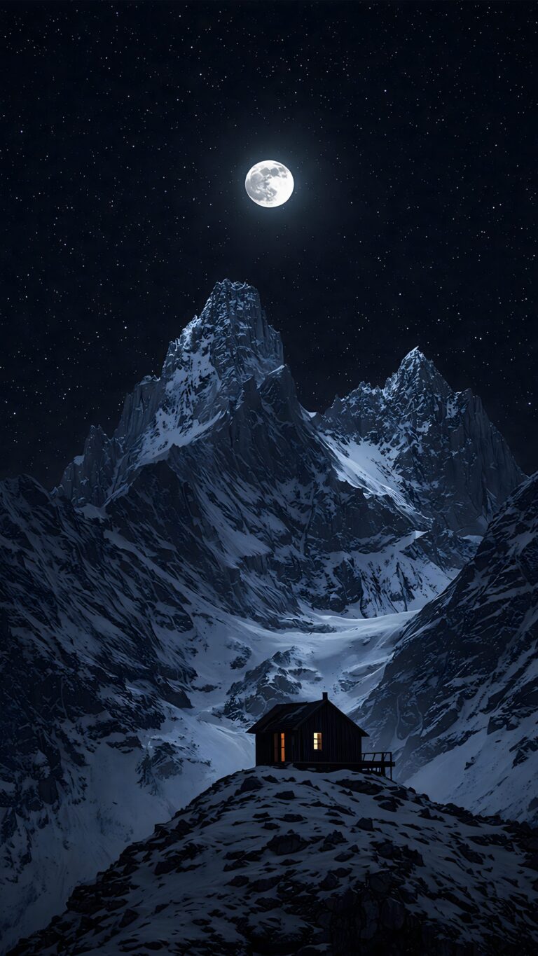 Highly detailed digital render of a snowy mountain peak at night with a bright full moon starry sky and a small cozy cabin with a warm glowing light dark winter aesthetic 4K ultra HD mobile wallpaper