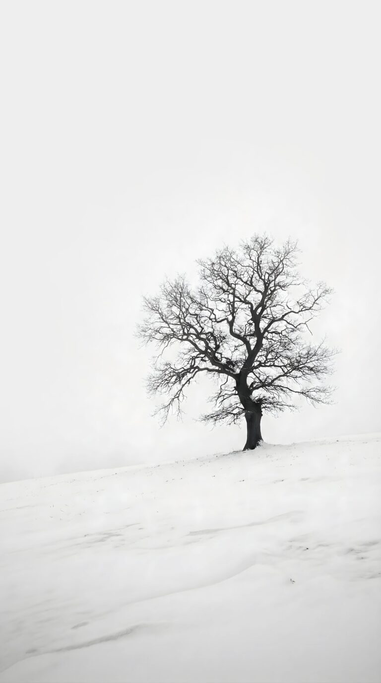 Highly detailed digital render of a solitary leafless tree standing on a snow covered field with a foggy white sky minimalist landscape aesthetic 4K ultra HD mobile wallpaper