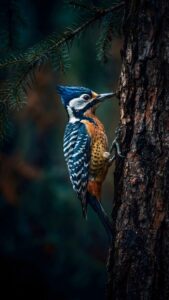 Vertical wildlife wallpaper of a colorful woodpecker with vibrant blue wings and orange chest perched on the side of a textured pine tree bark, soft green forest bokeh background, macro nature detail 4K wallpaper