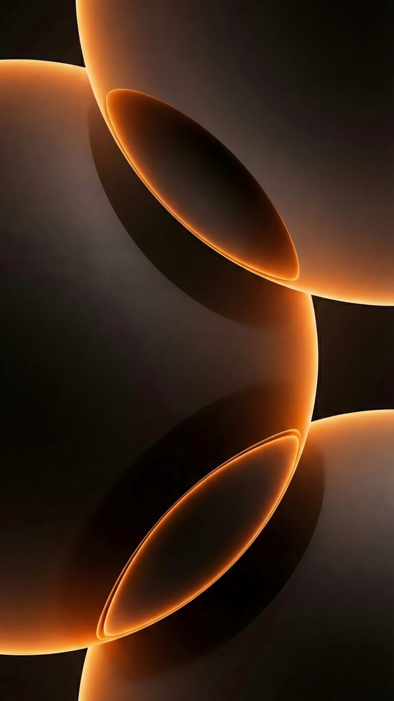 Highly detailed 3D digital render of an iOS 18 concept wallpaper featuring smooth dark abstract spheres with glowing orange edges against a pure pitch black background minimalist 4K ultra HD mobile wallpaper