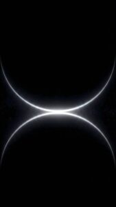 Vertical abstract wallpaper in the style of official iPhone Pro stock backgrounds, featuring two thin glowing white intersecting arcs forming an eclipse shape against a pure black background, minimalist OLED aesthetic 4K