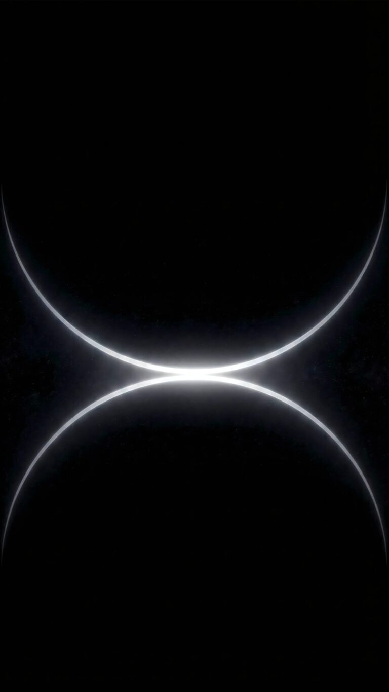 Highly detailed digital render of an iPhone 17 Pro Max concept wallpaper featuring abstract glowing white light arcs intersecting on a pure pitch black background minimalist aesthetic 4K ultra HD mobile wallpaper