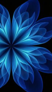Highly detailed digital render of an abstract glowing blue flower with translucent petals radiating from the center against a pure pitch black background futuristic aesthetic 4K ultra HD mobile wallpaper