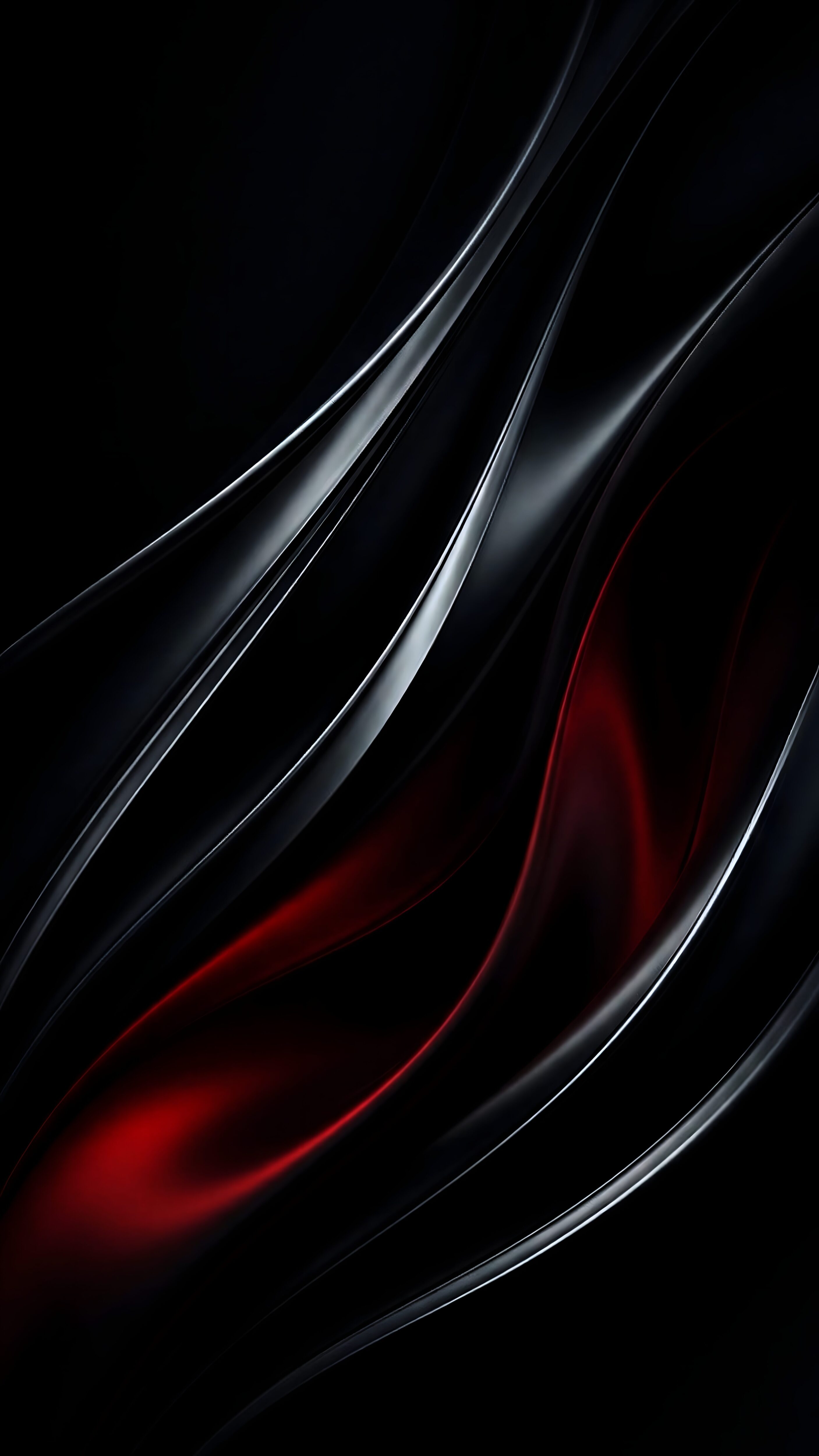 Abstract Dark Red Fluid AMOLED Wallpaper 4K, sleek 3D render of glossy black liquid metal waves with deep crimson glowing light on a pitch-black background.