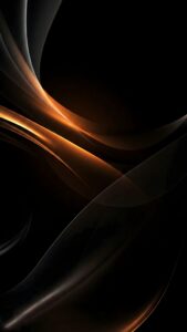 Highly detailed 4K digital render of smooth abstract flowing waves with glowing orange and white light curves on a pitch black background, optimized as cool black wallpaper art for phone.