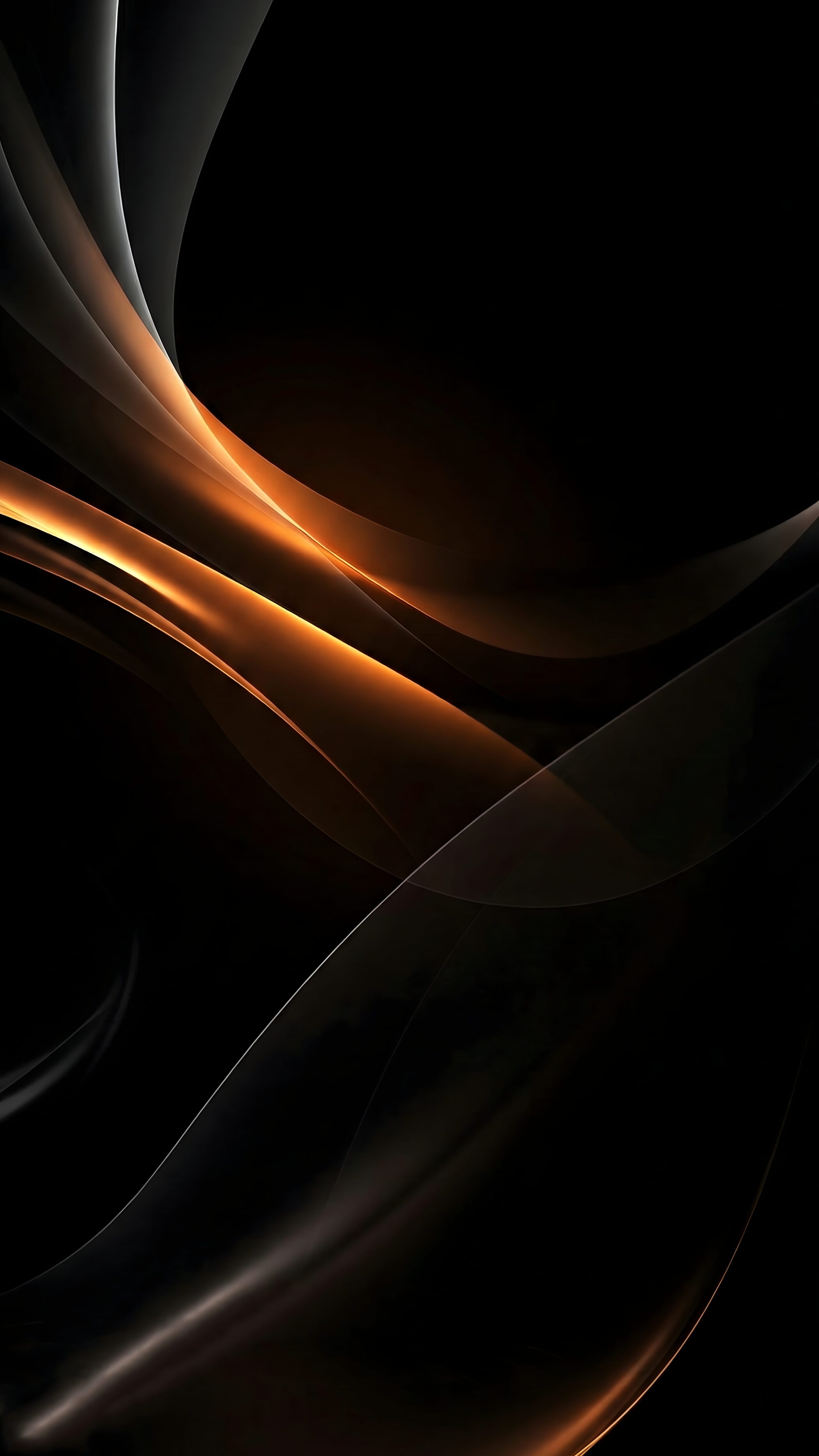 Highly detailed 4K digital render of smooth abstract flowing waves with glowing orange and white light curves on a pitch black background, optimized as cool black wallpaper art for phone.