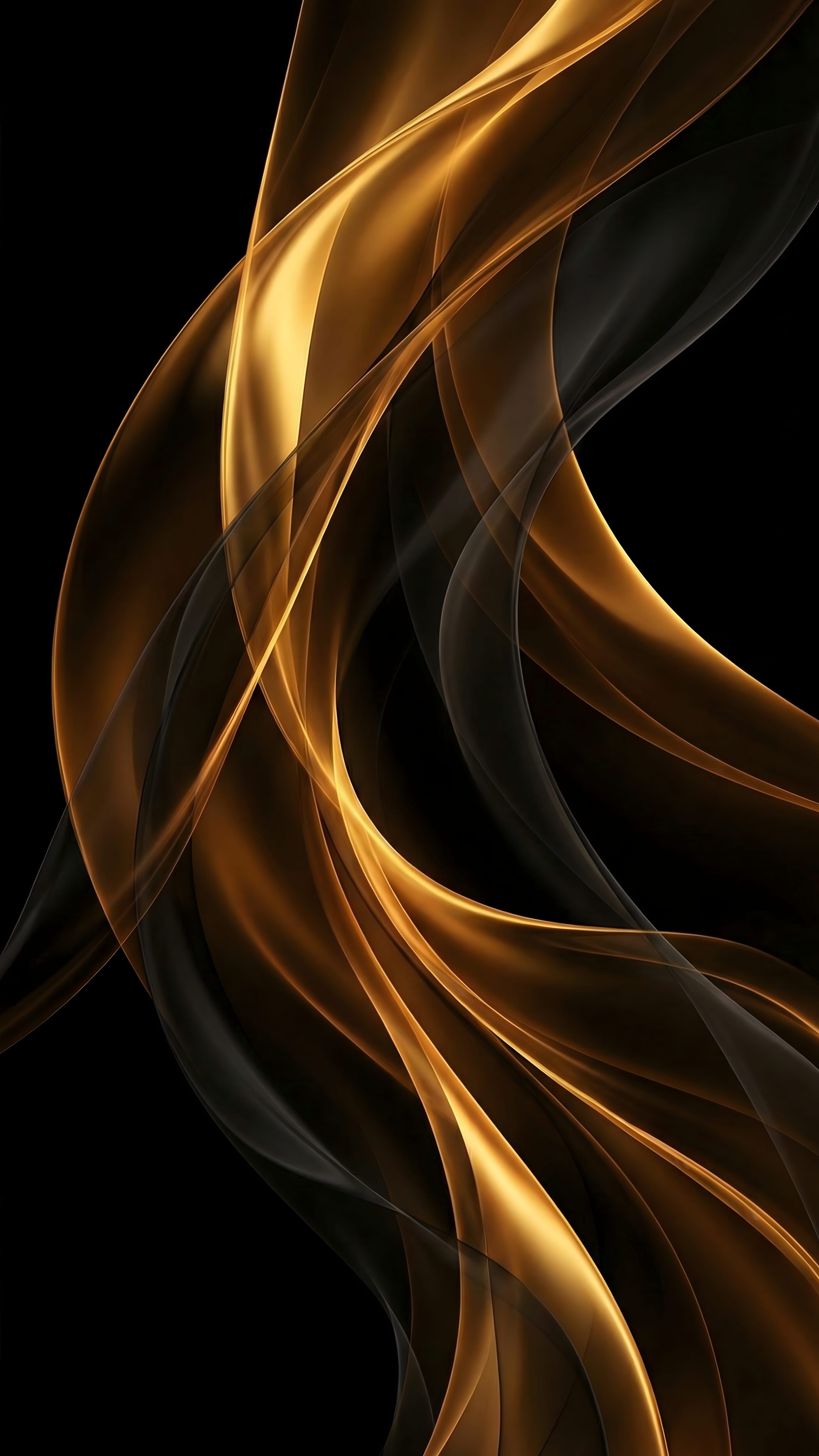 Highly detailed digital render of abstract flowing golden and bronze waves against a pure pitch black background luxurious minimalist aesthetic 4K ultra HD mobile wallpaper