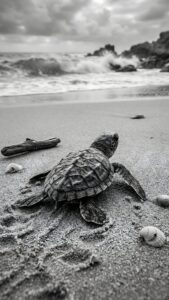 Highly detailed black and white macro photography of a cute baby sea turtle crawling on a sandy beach filled with shells heading towards crashing ocean waves monochrome nature aesthetic 4K ultra HD mobile wallpaper