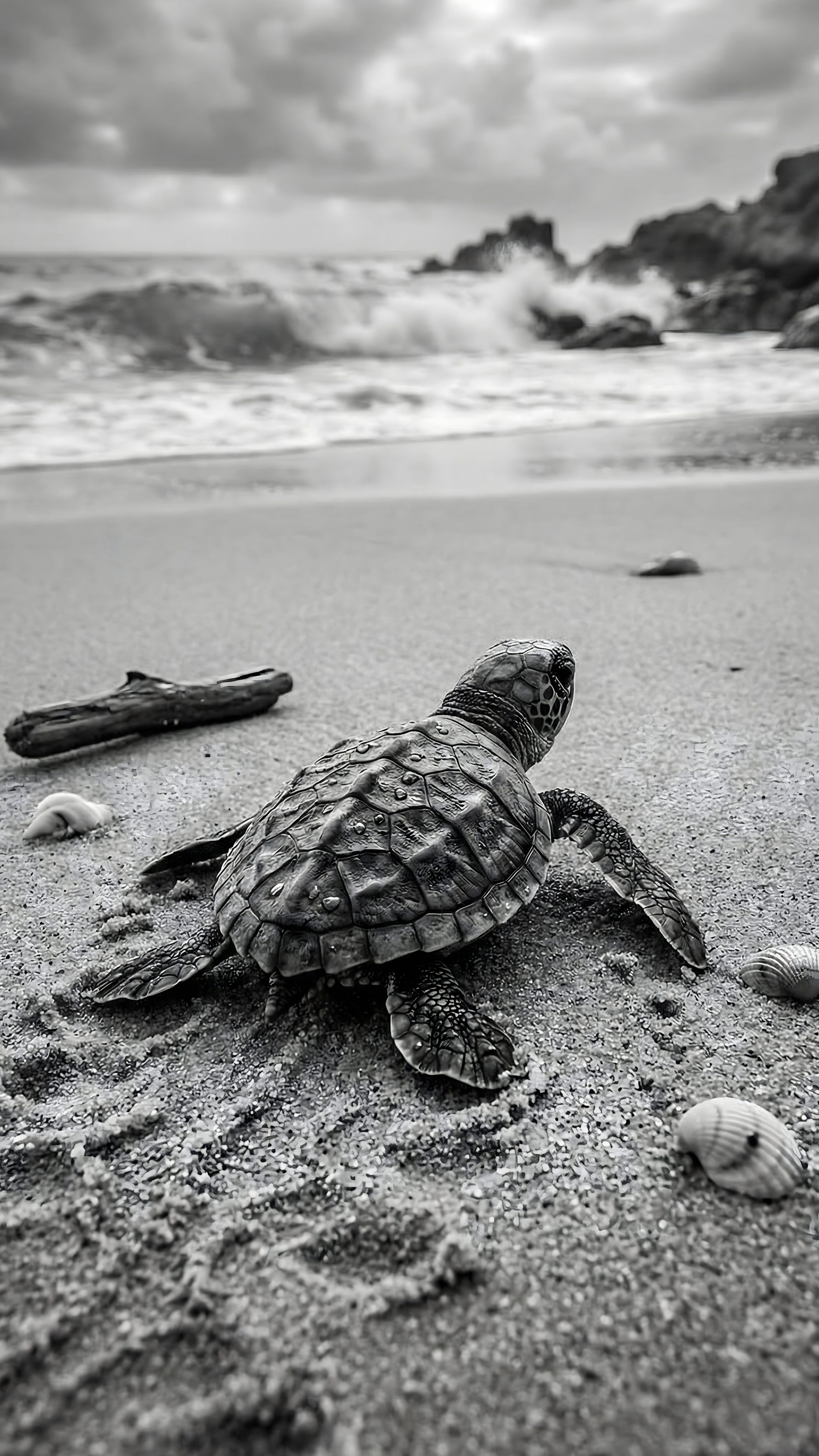 Highly detailed black and white macro photography of a cute baby sea turtle crawling on a sandy beach filled with shells heading towards crashing ocean waves monochrome nature aesthetic 4K ultra HD mobile wallpaper