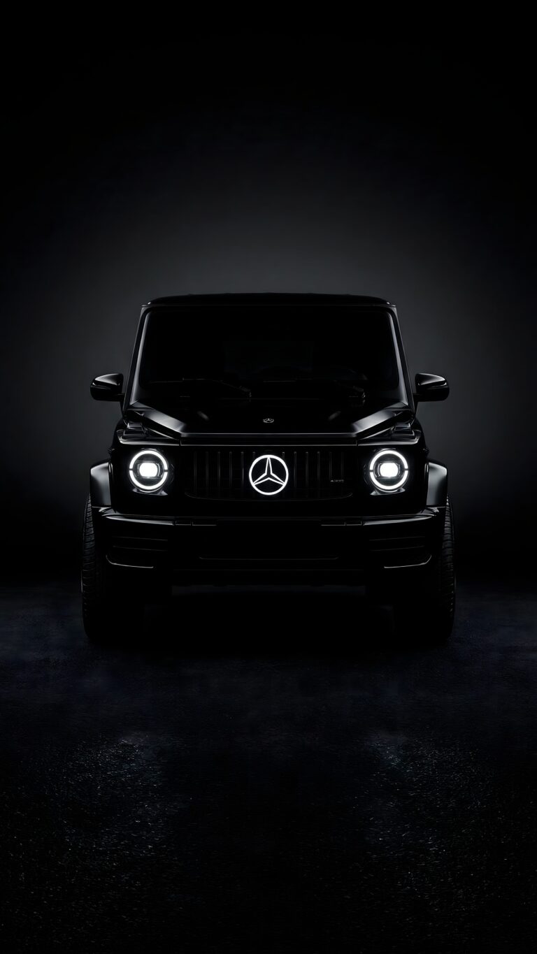 Highly detailed digital render of a sleek black Mercedes Benz G-Wagon luxury SUV with glowing circular LED headlights and illuminated star logo parked in a pitch black dark studio setting mafia automotive aesthetic 4K ultra HD mobile wallpaper