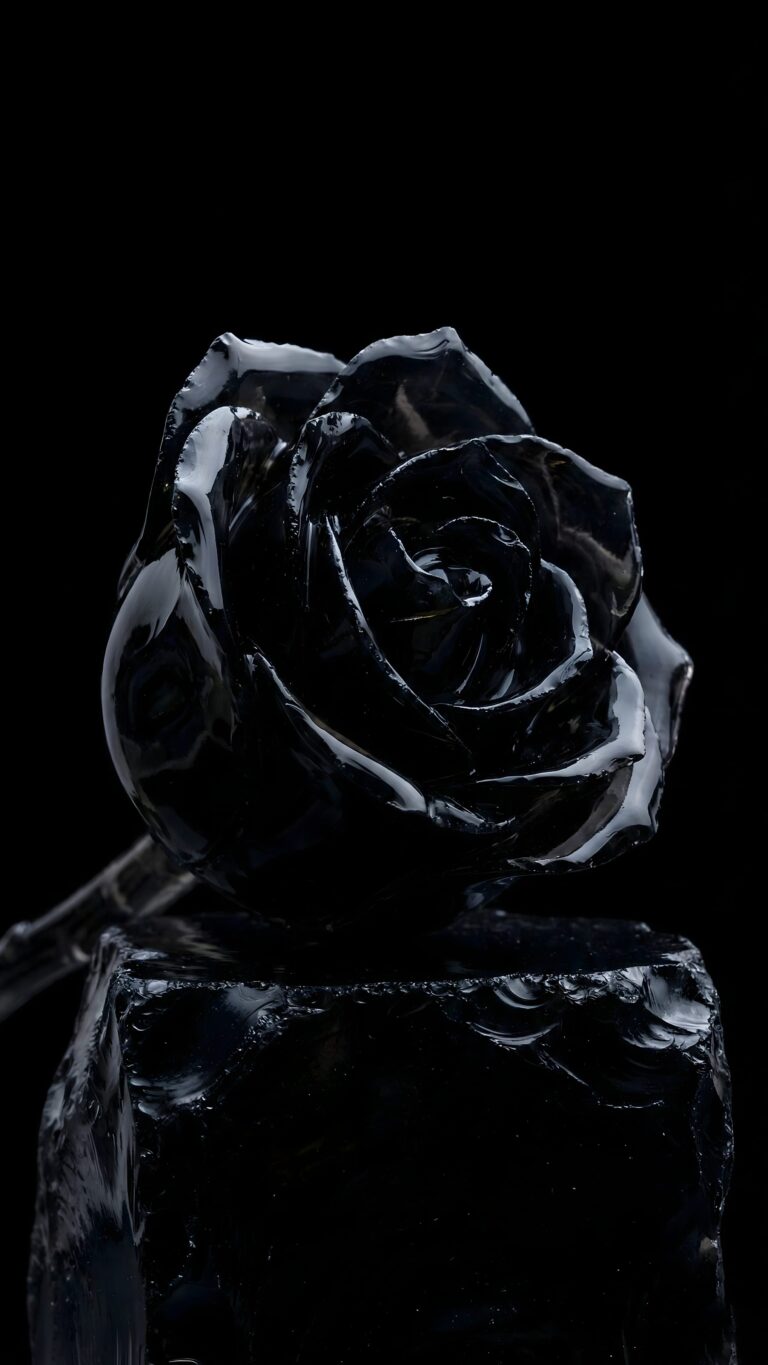 Highly detailed digital render of a glossy black obsidian rose flower carved from dark crystal resting on a textured base against a pure pitch black background minimalist aesthetic 4K ultra HD mobile wallpaper