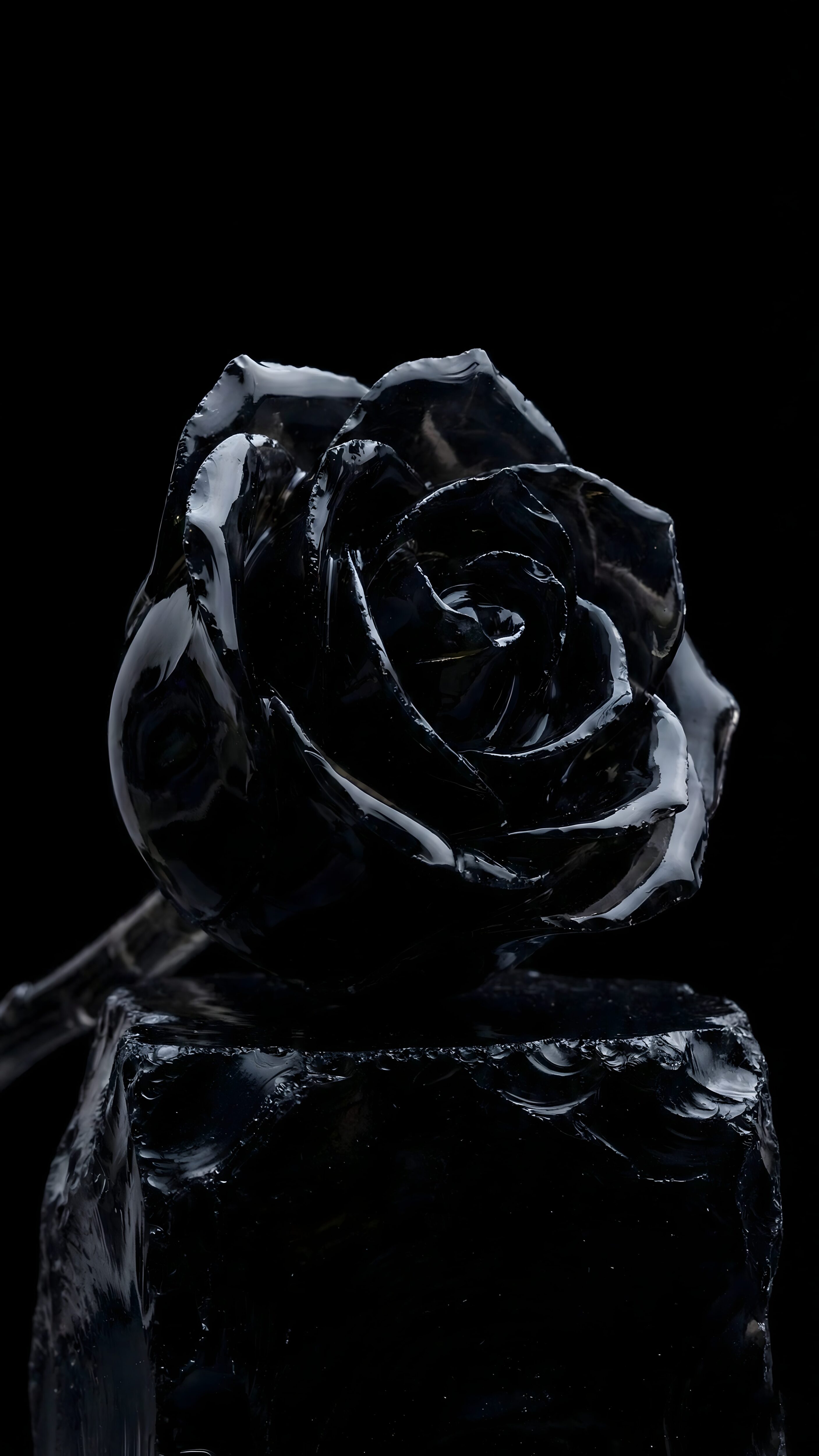 Black Obsidian Rose AMOLED Wallpaper 4K, luxury digital art of a hyper-realistic glossy black crystal rose carved from volcanic glass resting on a rough stone, pitch-black background.