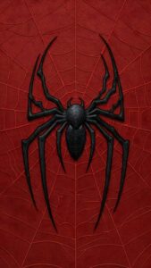 Highly detailed 4K digital render of a sleek black metallic spider emblem on a textured red background with intricate web patterns, optimized as cool superhero wallpaper art for phone.