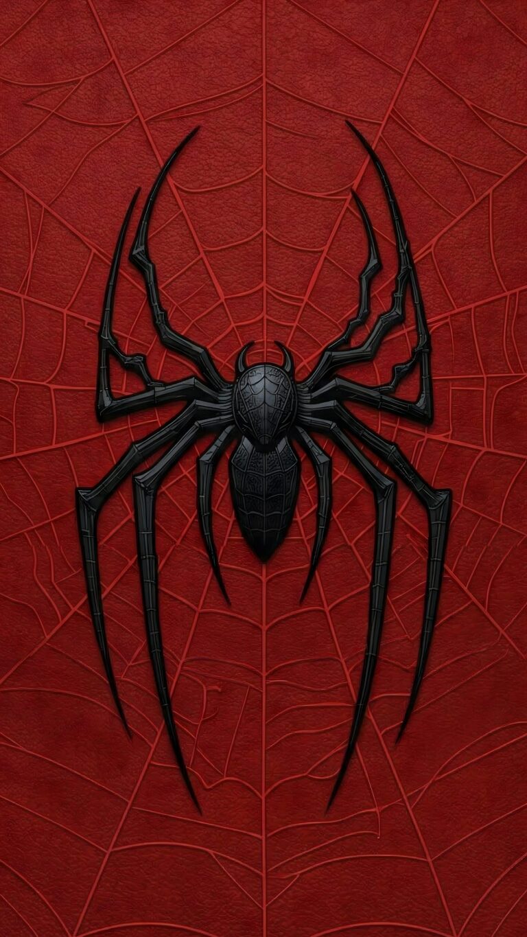 Highly detailed 4K digital render of a sleek black metallic spider emblem on a textured red background with intricate web patterns, optimized as cool superhero wallpaper art for phone.