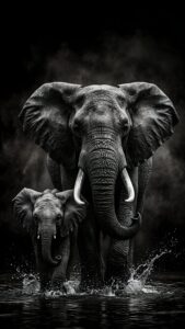 Highly detailed black and white 4K wallpaper of a majestic adult elephant and a cute baby elephant walking forward through dark water, creating splashing waves against a very moody black background.