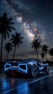 Highly detailed digital render of a futuristic blue supercar with glowing neon taillights parked on a wet asphalt road surrounded by palm tree silhouettes under a spectacular starry night sky milky way aesthetic 4K ultra HD mobile wallpaper