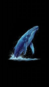 Blue Whale AMOLED Wallpaper 4K, minimalist digital art illustration of a majestic blue whale breaching out of the ocean water with splashes against a pure pitch-black background.