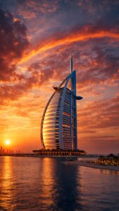 A sharp 4K mobile wallpaper of Burj Al Arab in Dubai at sunset with glowing orange sky and golden water reflections.