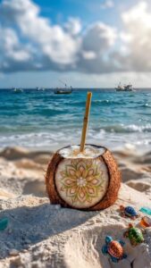 Highly detailed 4K digital art rendering of a beautifully carved coconut drink with a bamboo straw resting on a white sandy beach, surrounded by tiny colorful turtles. Turquoise ocean waves and distant boats are seen under a bright summer sky. It is a high-quality visual art piece optimized as a tropical summer wallpaper for phone.