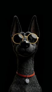 Highly detailed 3D digital render of a cool smart black dog wearing round golden glasses and a red collar smiling proudly against a pure pitch black background funny aesthetic 4K ultra HD mobile wallpaper