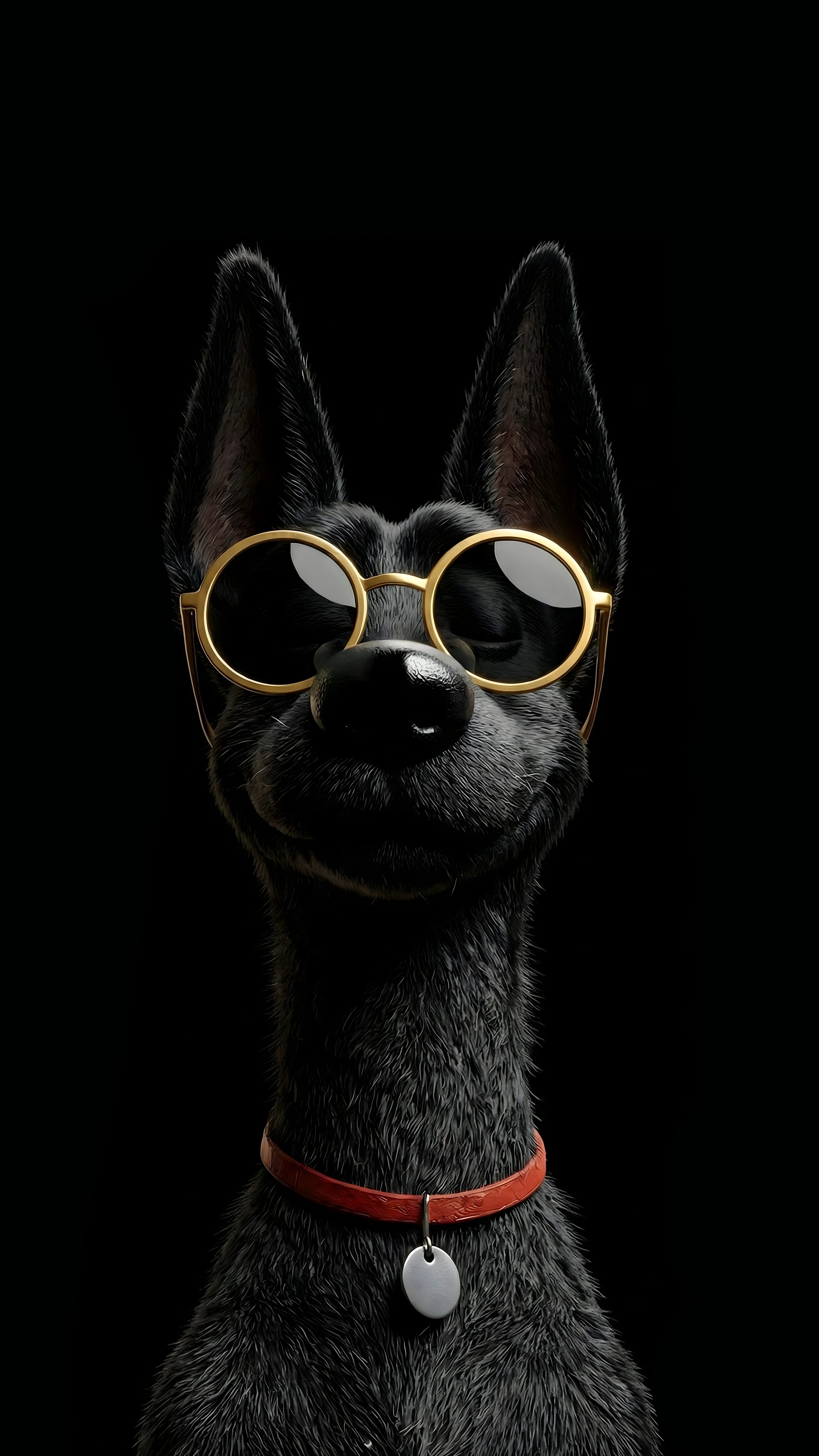 Highly detailed 3D digital render of a cool smart black dog wearing round golden glasses and a red collar smiling proudly against a pure pitch black background funny aesthetic 4K ultra HD mobile wallpaper