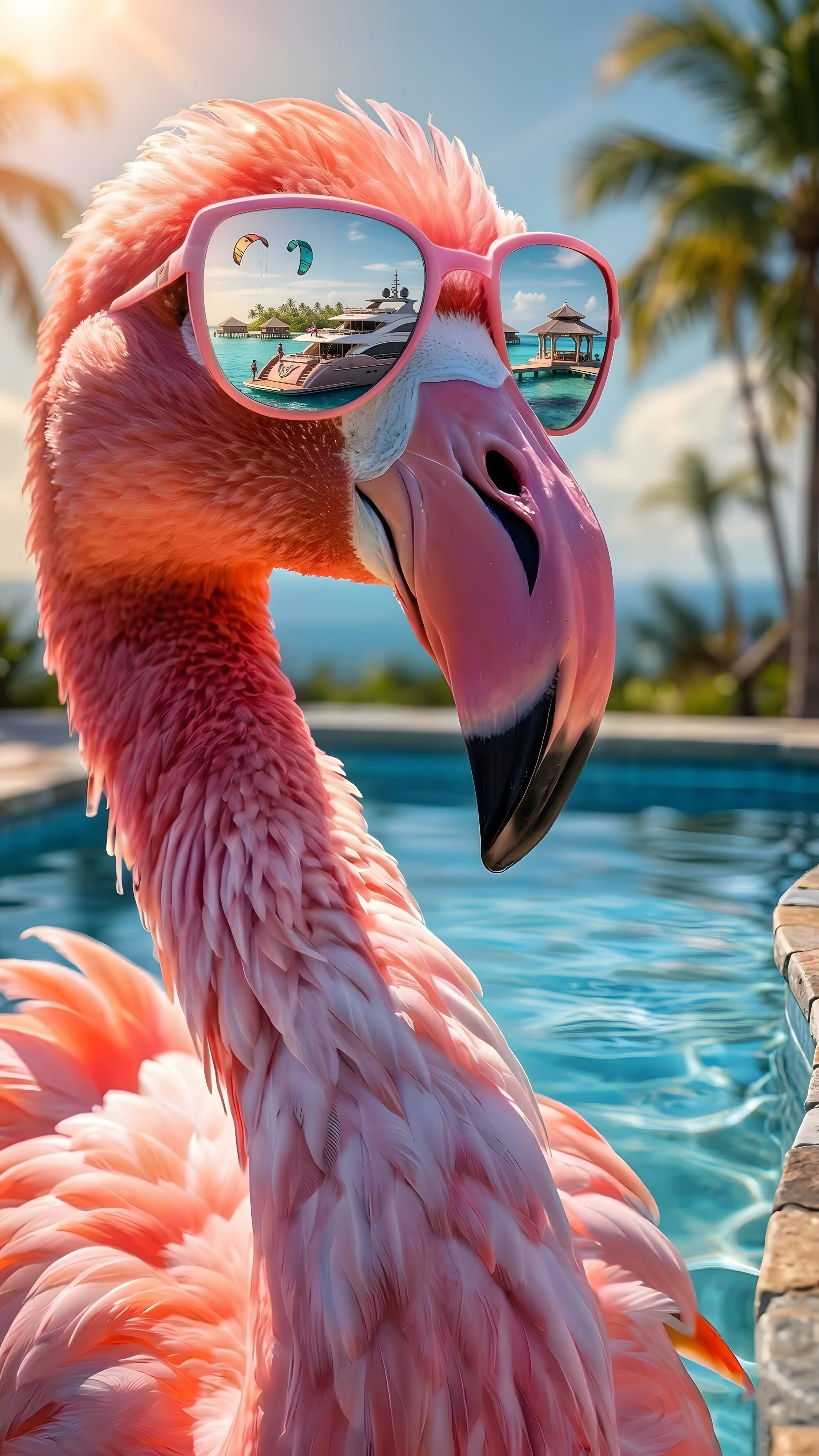 Highly detailed 4K digital portrait of a cool pink flamingo wearing sunglasses reflecting a luxury yacht and tropical resort, standing by a swimming pool, optimized as cute wallpaper art for phone.