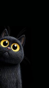 Curious black cat with big yellow eyes 4K ultra HD mobile wallpaper