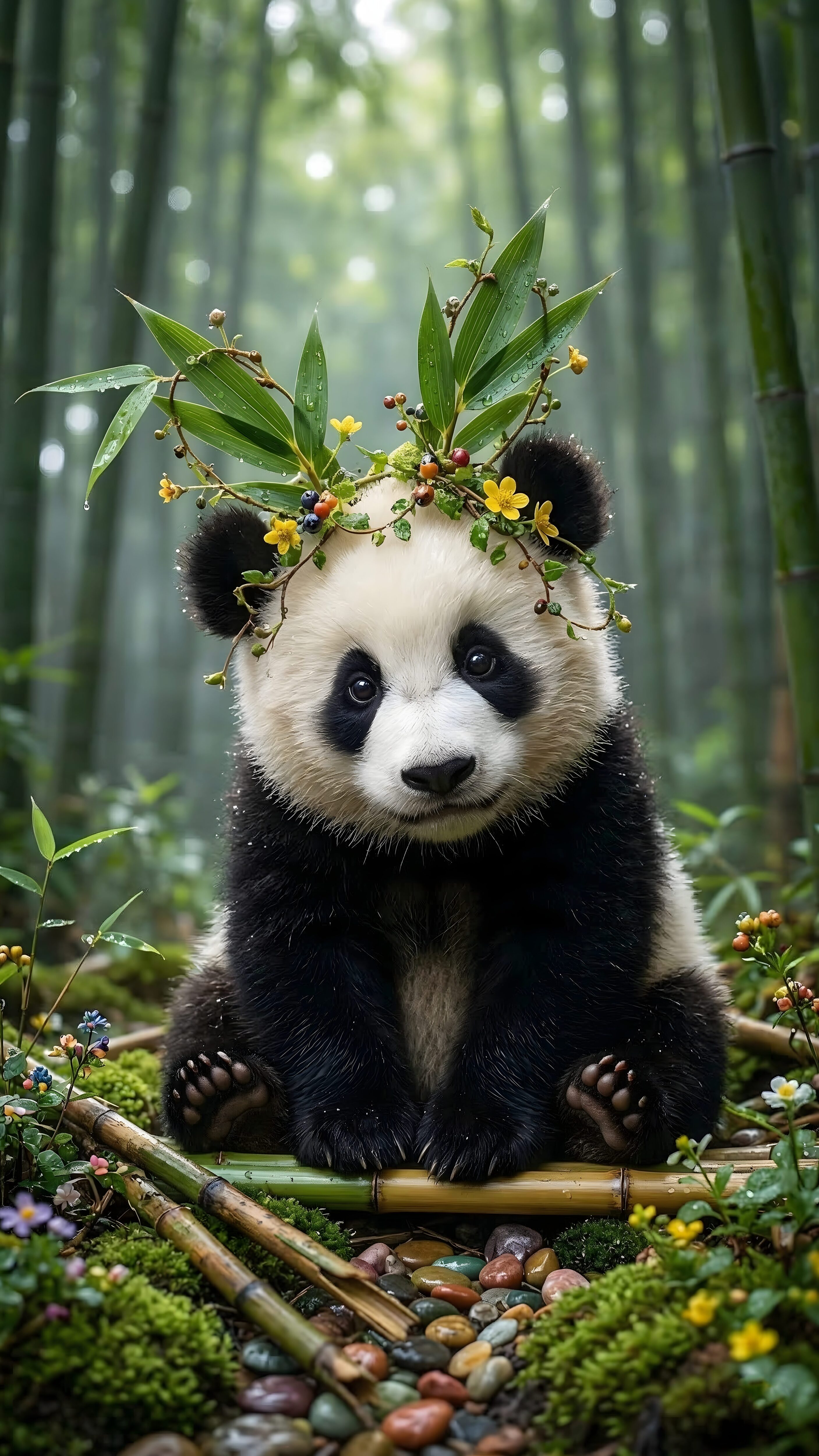 Highly detailed 4K digital portrait of an adorable baby panda wearing a crown of green leaves and yellow flowers, sitting in a lush bamboo forest, optimized as cute wallpaper art for phone.