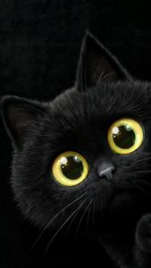 Highly detailed 4K wallpaper featuring an adorable black fluffy cat with large, glowing yellow eyes gently peeking out from a pure pitch-black background.